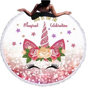 Pink Glitter Floral Unicorn 🦄 Round Beach 🏖 Towel Brand New Never Used